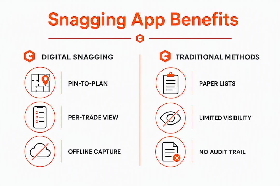 Infographic comparing snagging app features with traditional methods