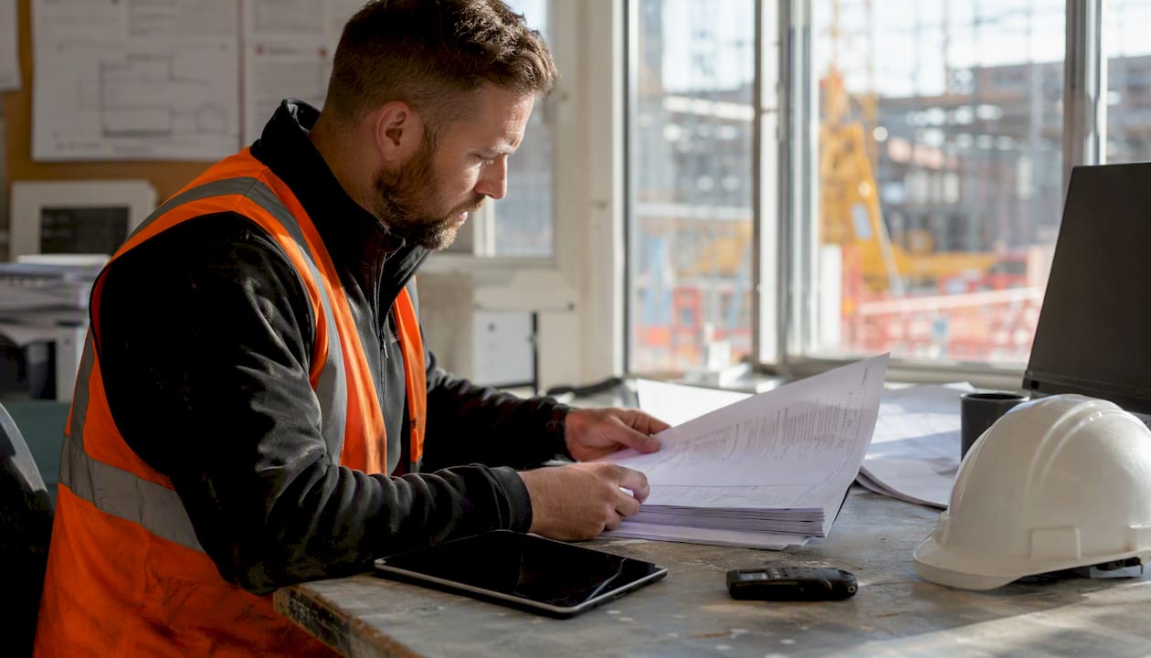 Overhead view of workbench with site diary tools and tablet