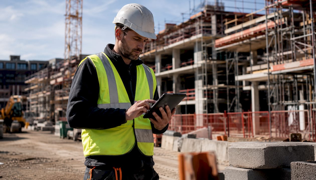 Tradesperson using tablet with job app on site