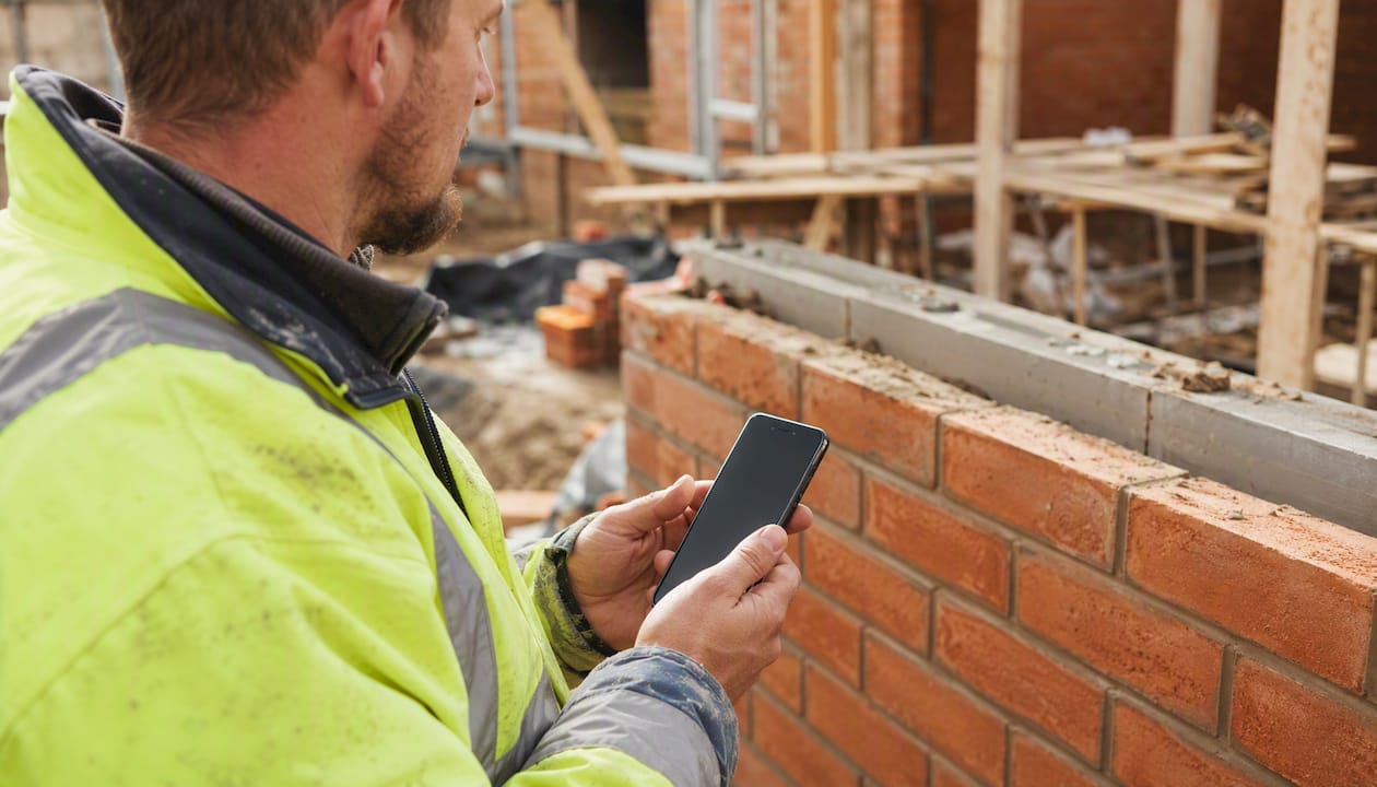 UK builder holding phone at construction site