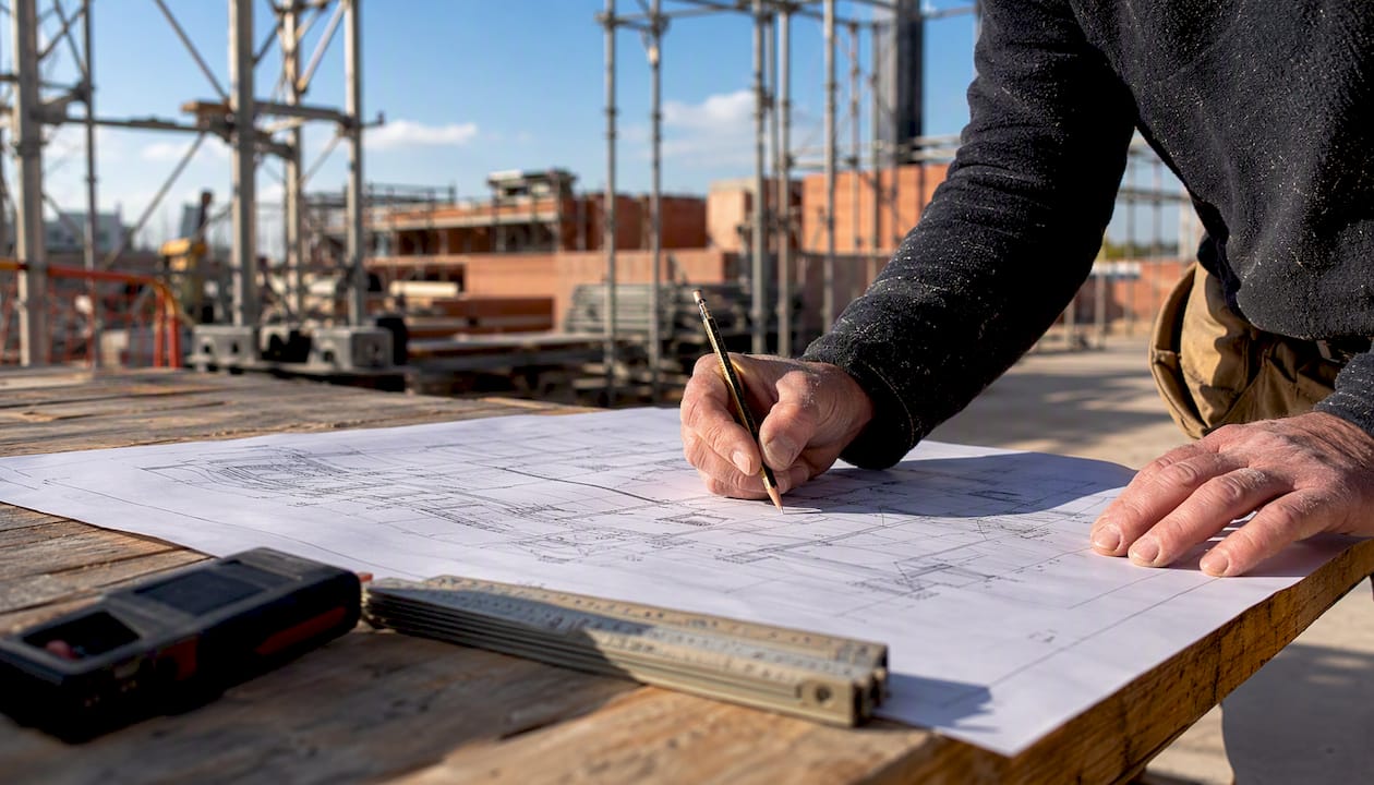 Architect marking blueprint at construction site