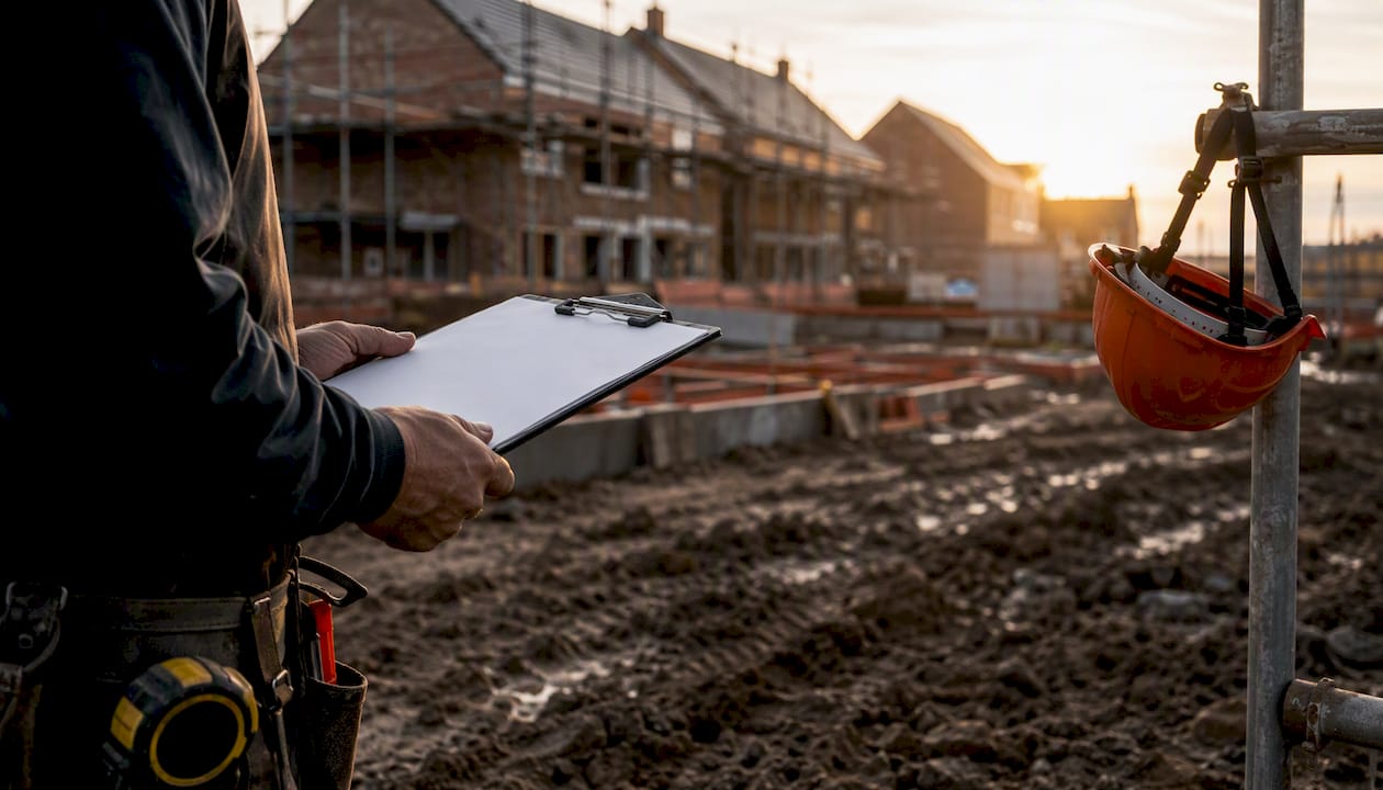 Builder holding clipboard on early site