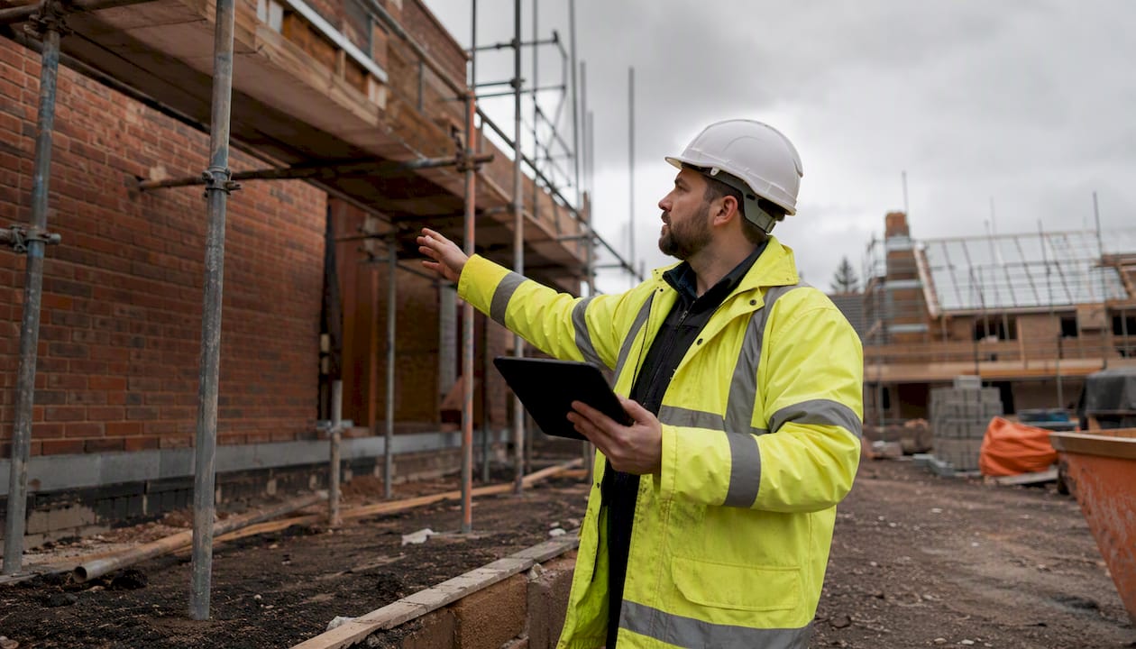 Site manager using tablet at UK construction site