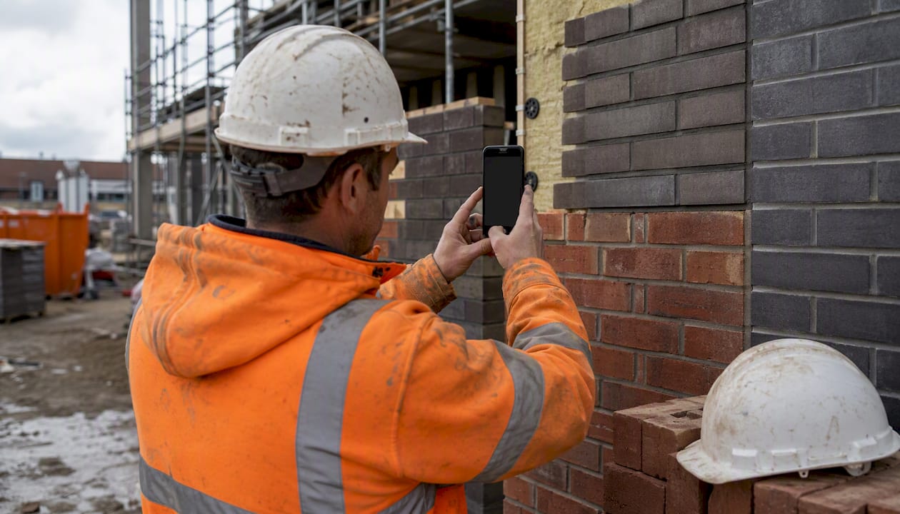Builder photographing wall variation at site
