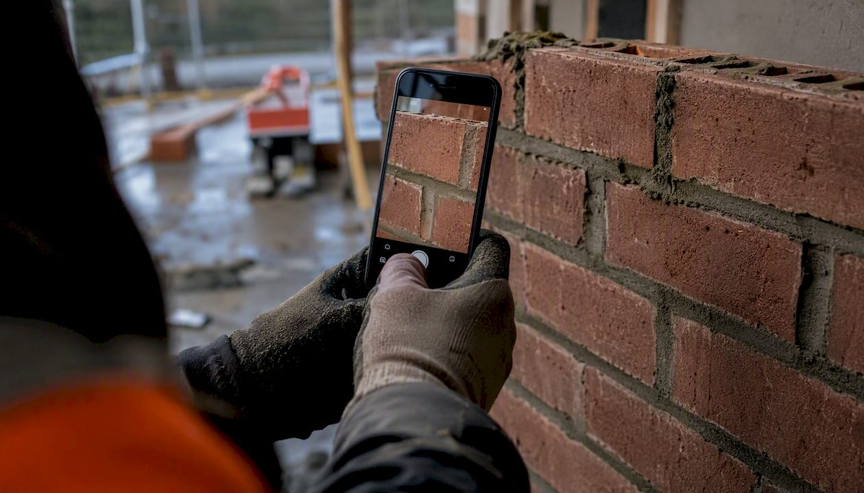 Gloved hand photographing brickwork detail