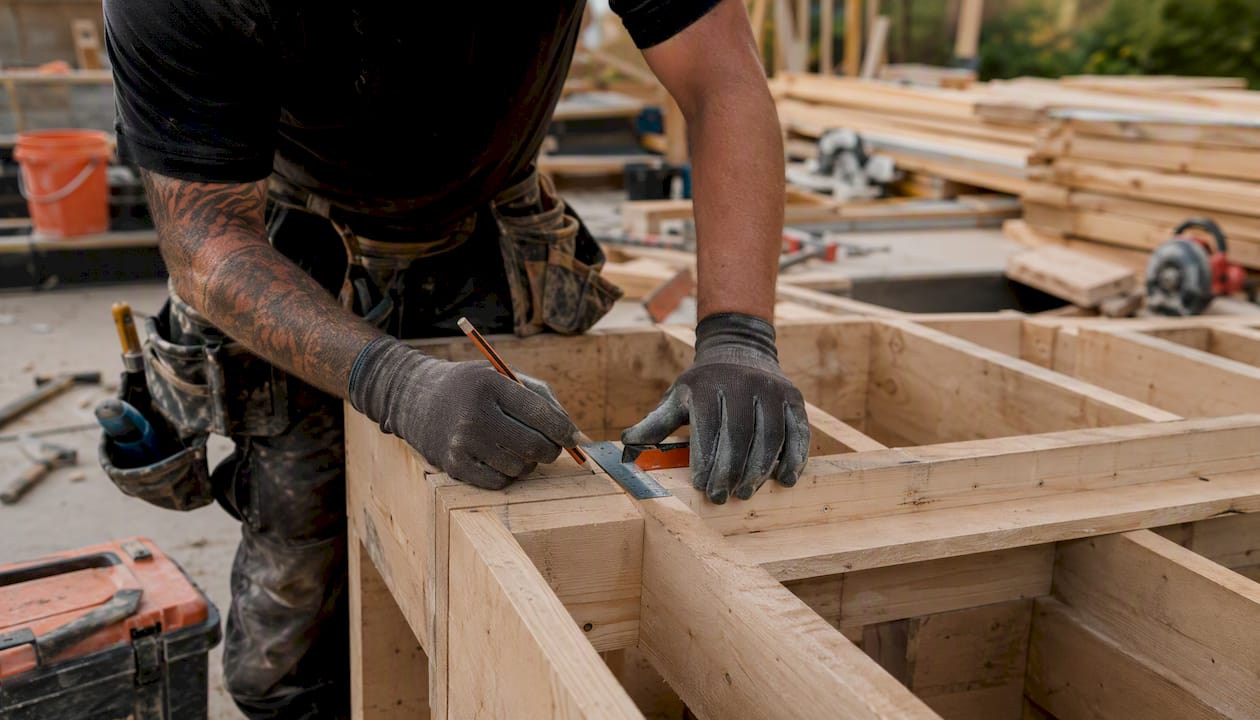Hands marking timber on UK construction site