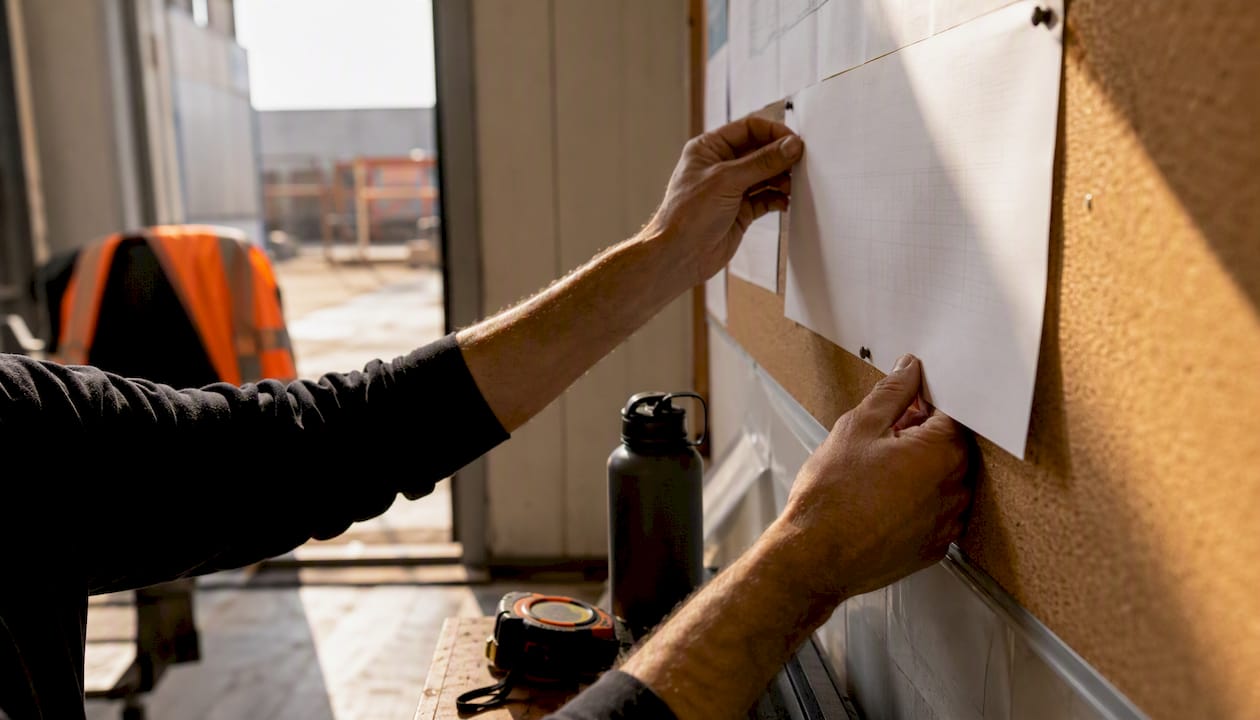 Hands working on Gantt chart at construction site