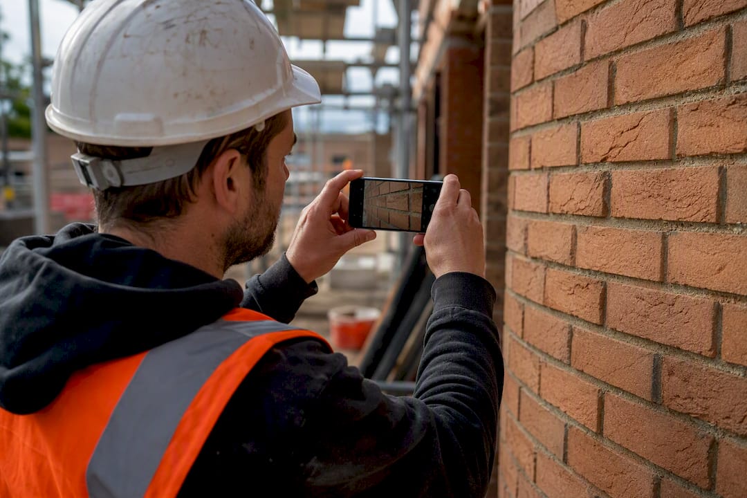 Builder photographing brickwork for audit trail