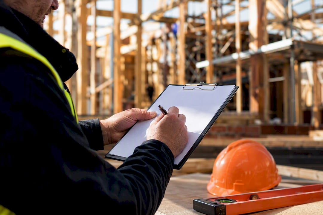 Hands marking a variation order form on site