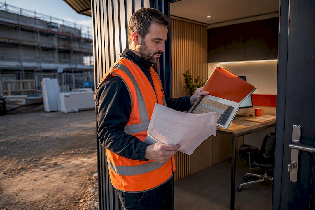 Supervisor comparing construction drawing and material sample