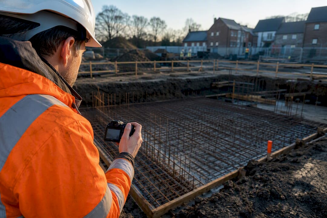 Builder photographing construction progress on site