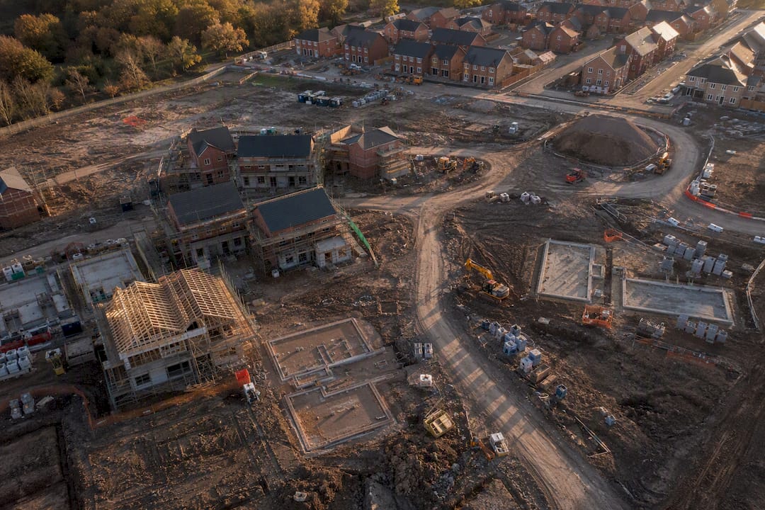 Aerial view of construction site progress