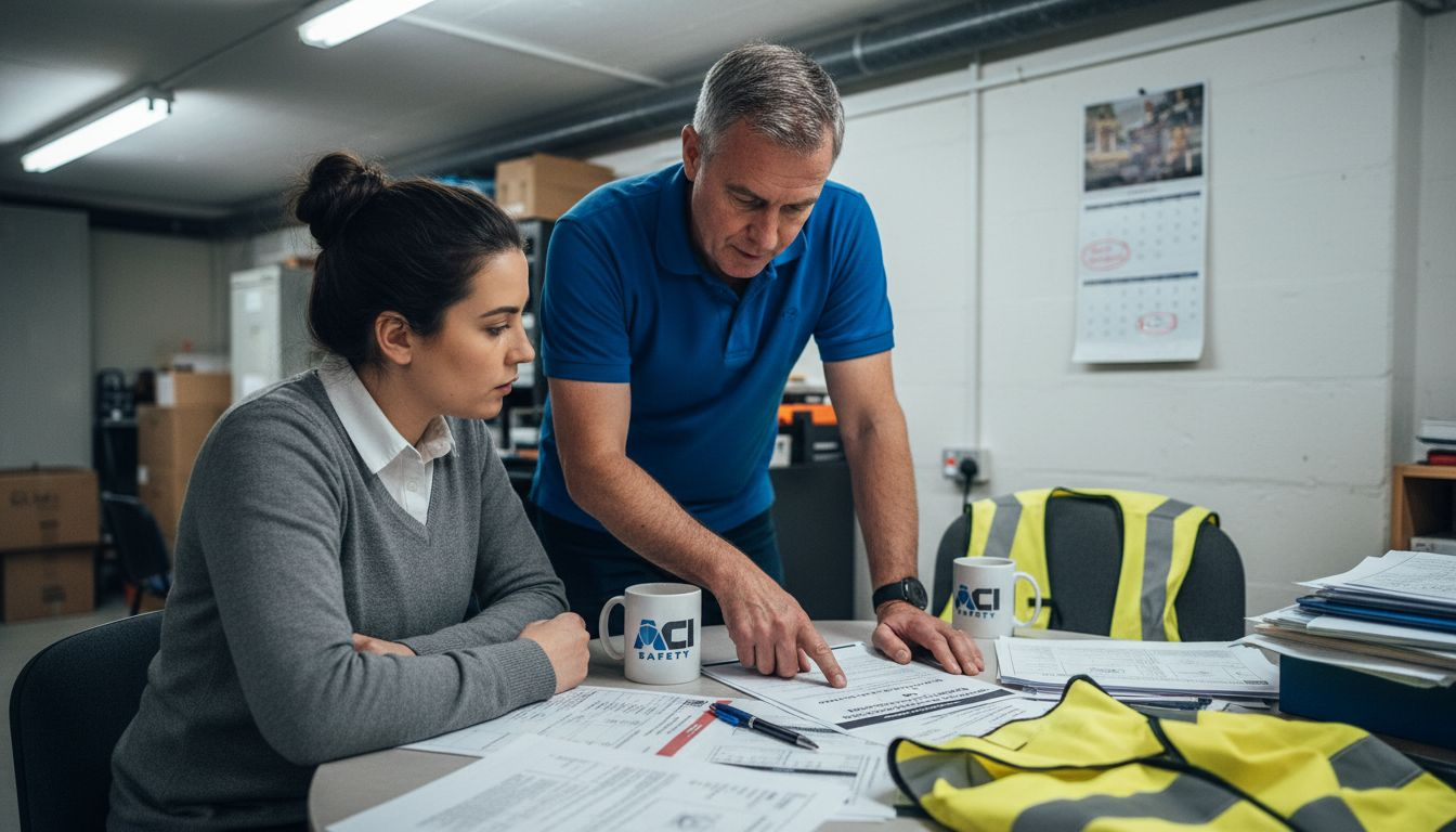 Managers reviewing risk assessment compliance documents