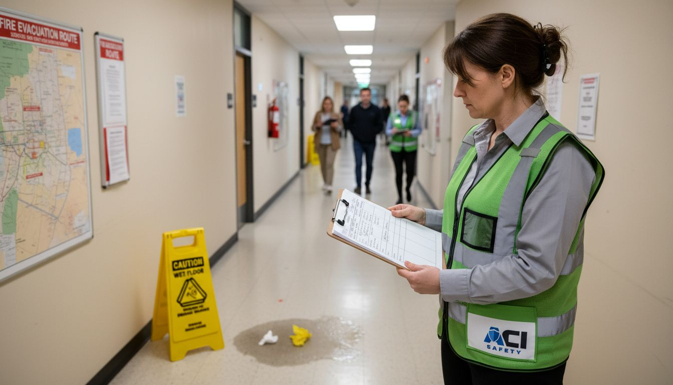 Safety officer checking wet floor hazard