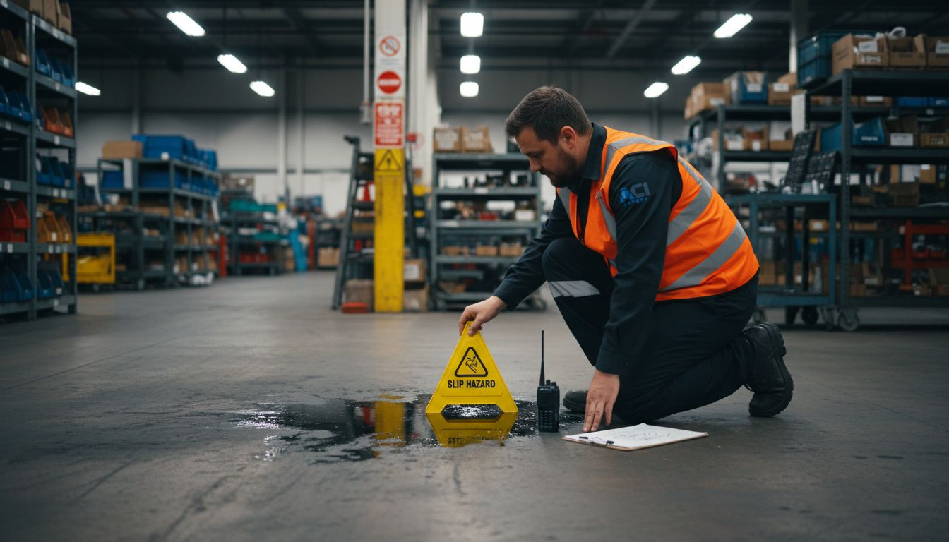Factory supervisor placing caution sign by oil spill