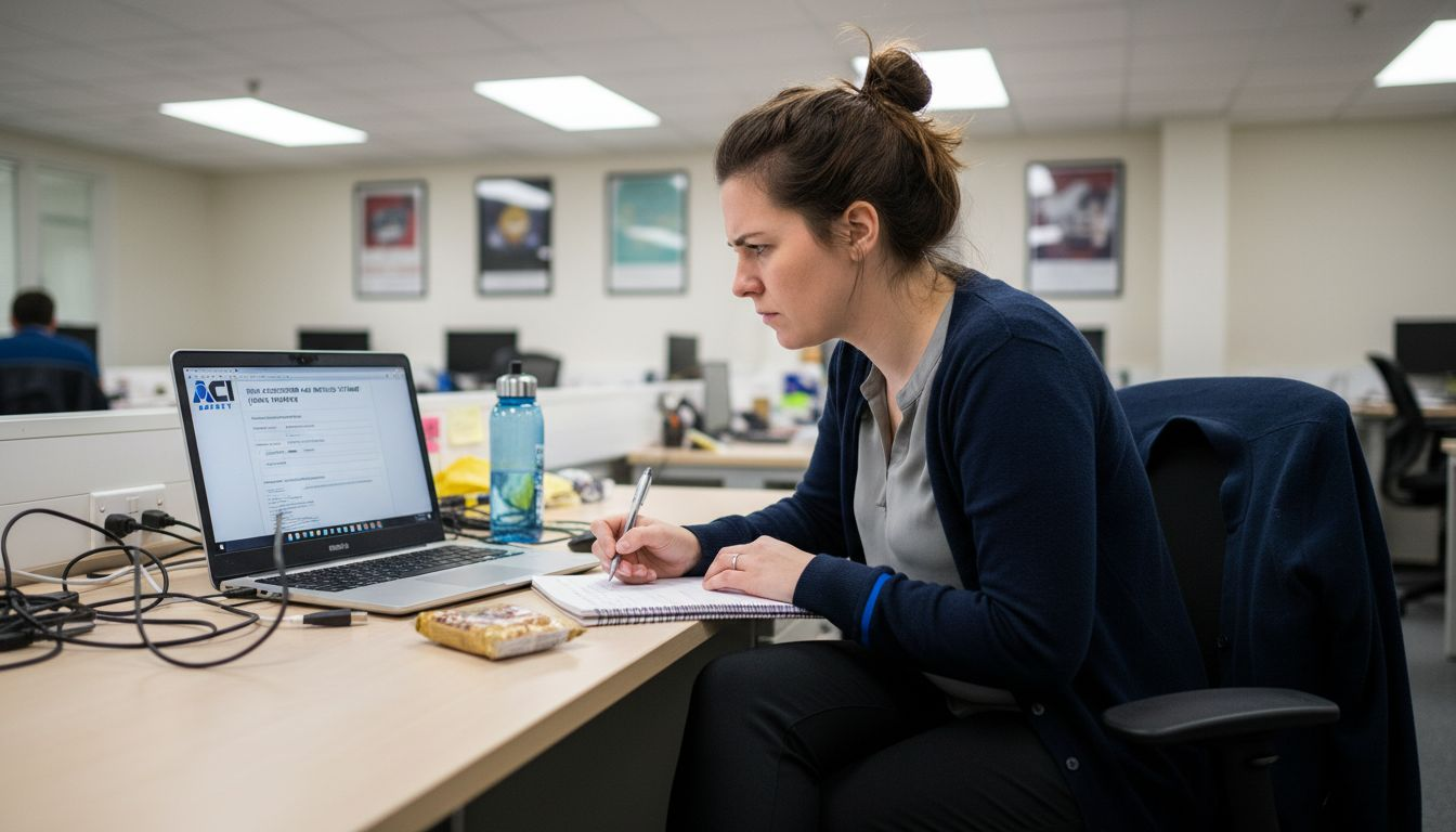 Woman editing RAMS template at cluttered desk