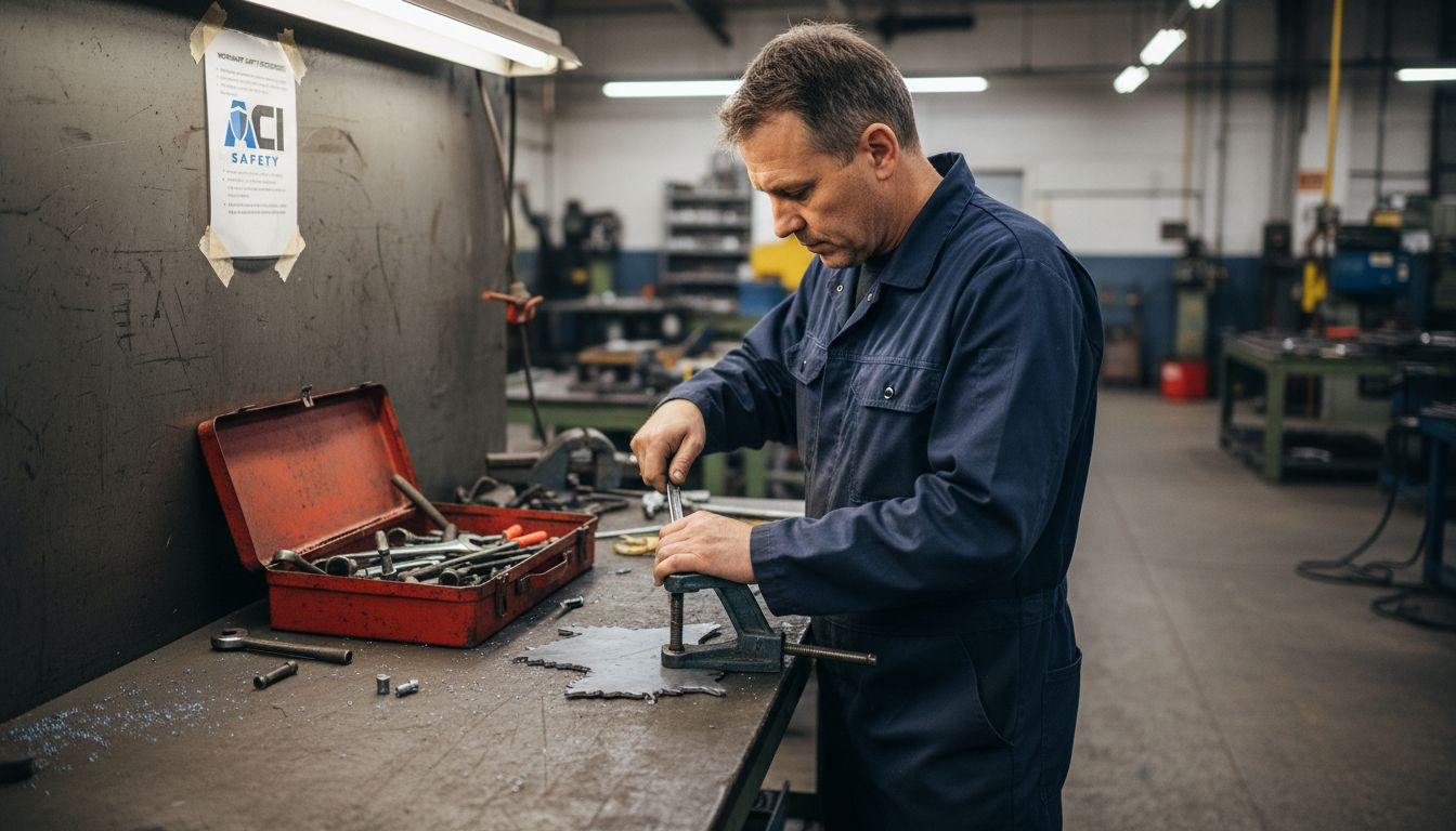 Metalworker in fabrication shop with safety checklist