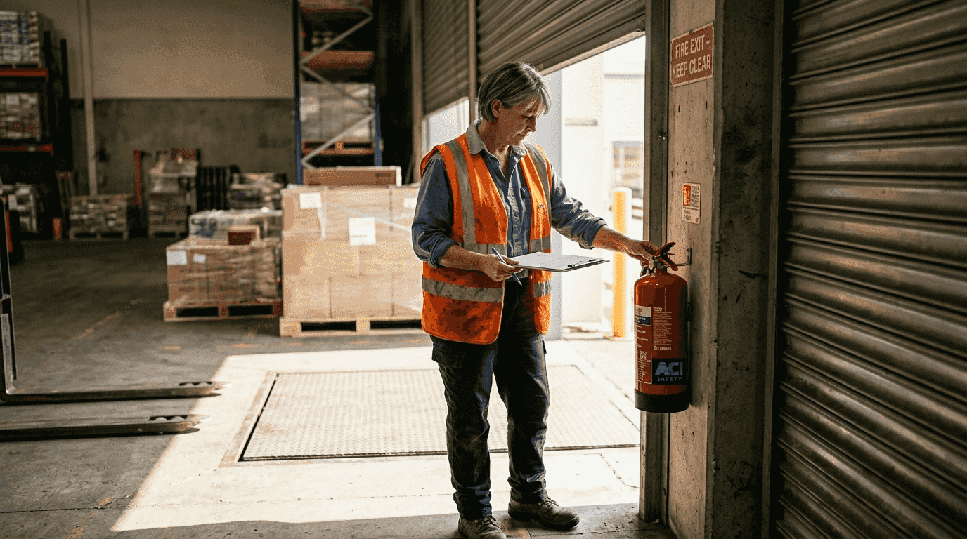 Supervisor inspecting safety equipment at warehouse