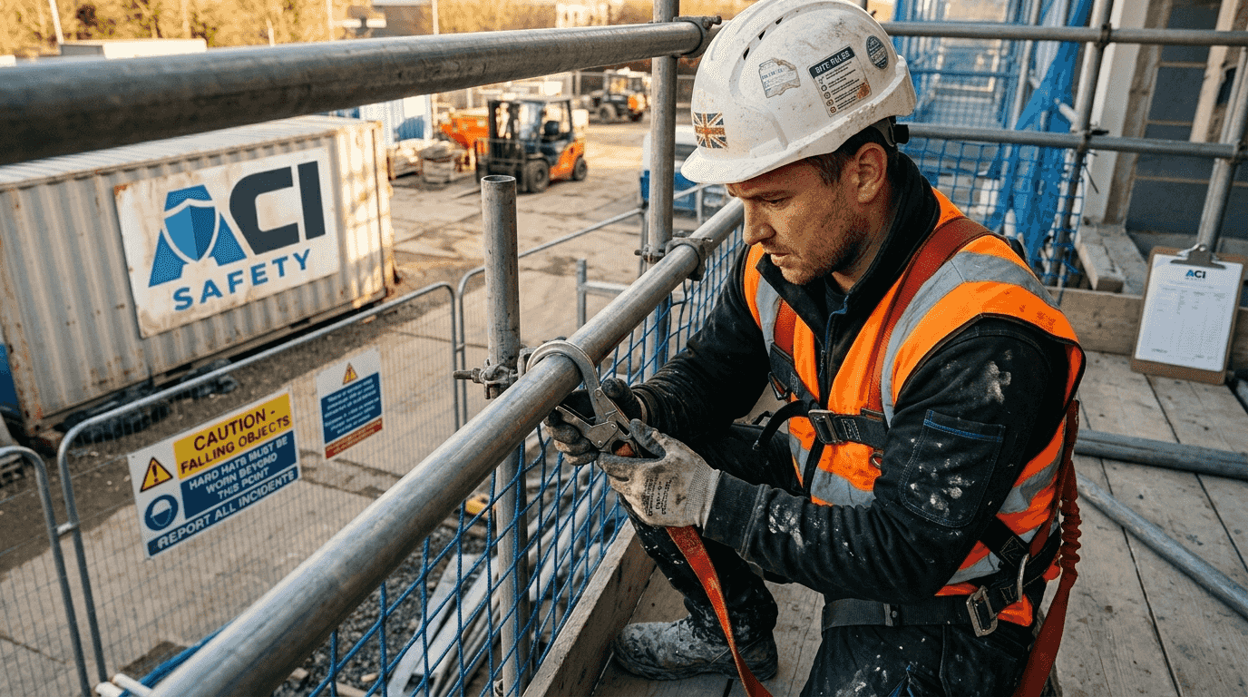 Construction worker secured at height on scaffolding