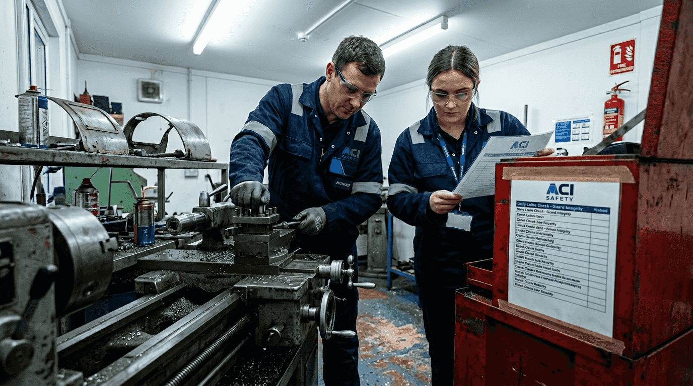 Engineers follow safety steps at workshop lathe