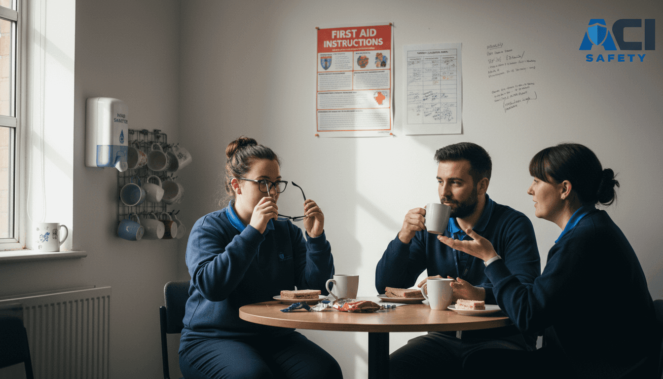 Employees using office break room welfare area