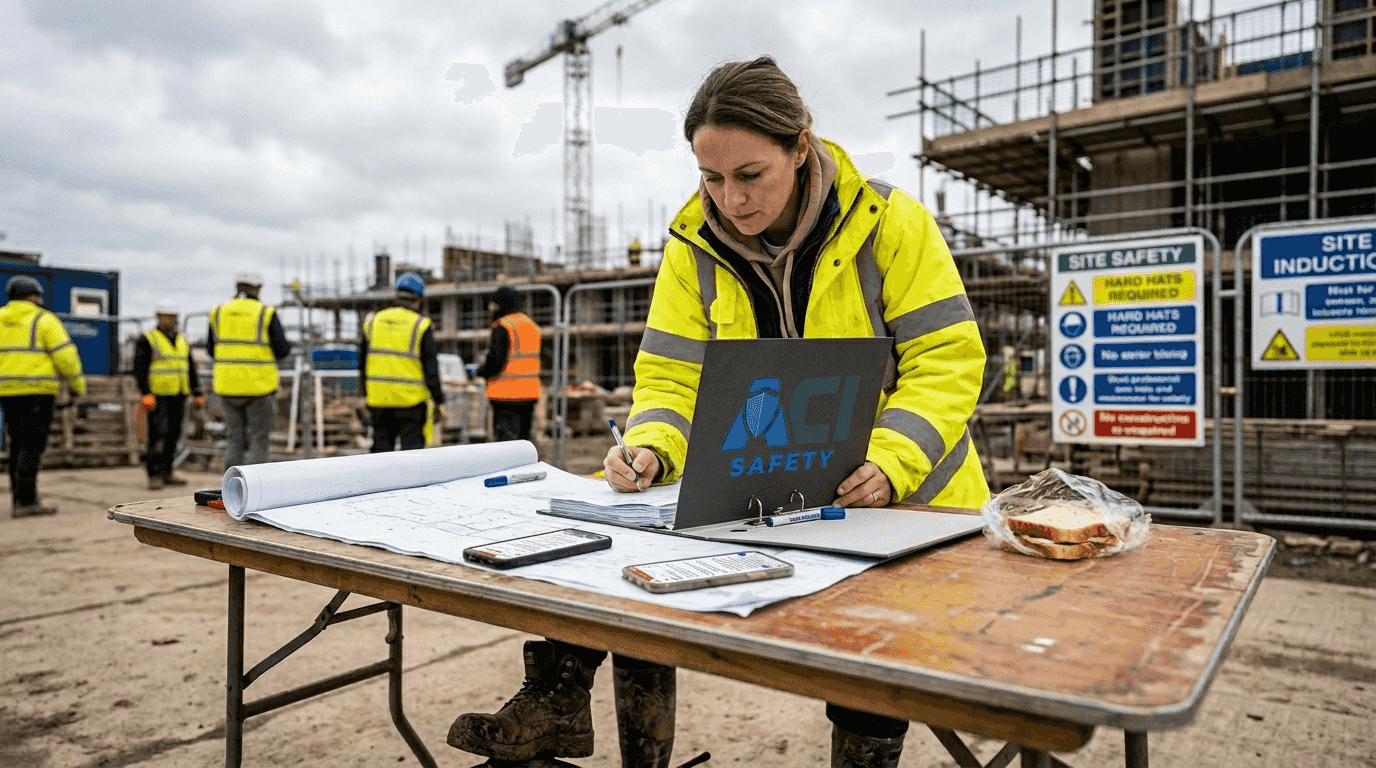 Principal designer updating safety file at construction site