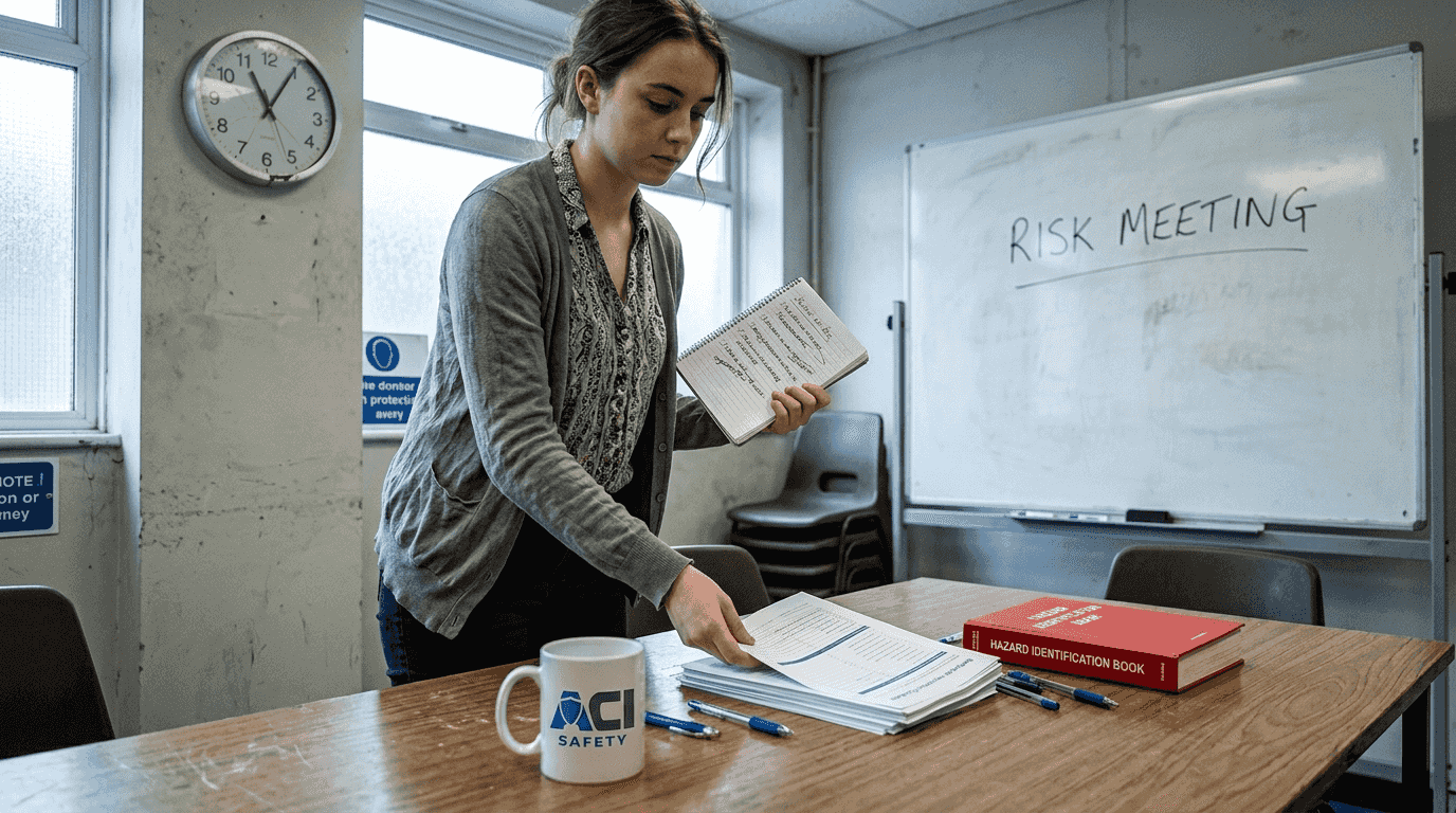 Assistant preparing risk assessment toolkit on table