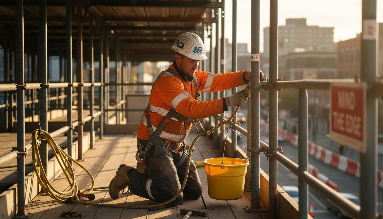 Worker securing edge protection on scaffolding