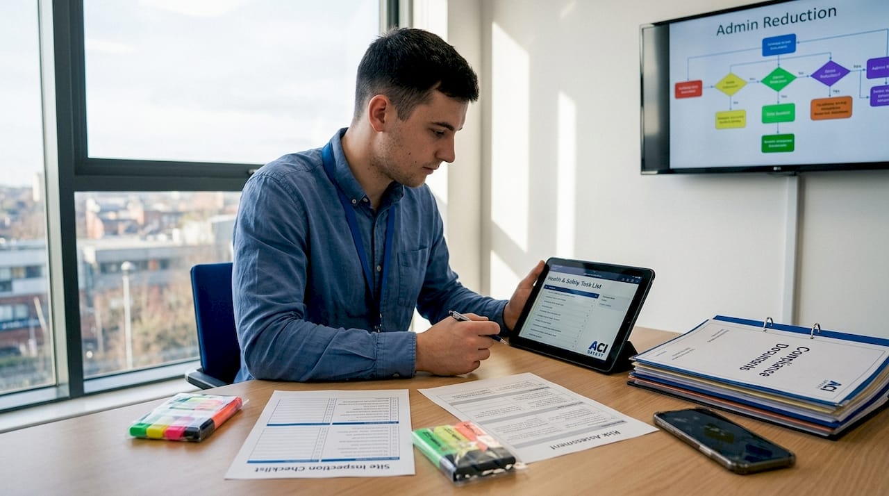 Worker using tablet for health and safety