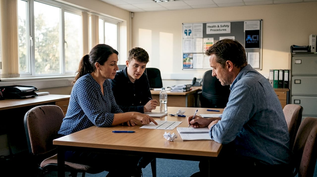 Employees discussing workplace health and safety