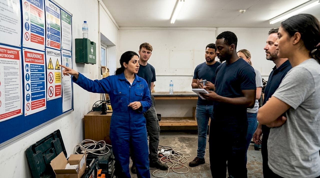 Diverse team discussing workplace safety near posters