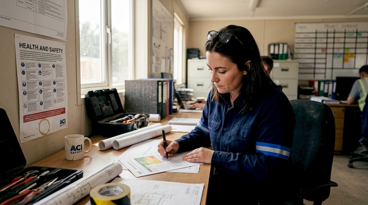 Manager marking risk assessment document at desk