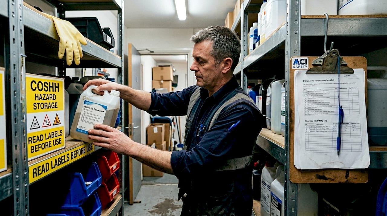 Technician storing hazardous chemical container