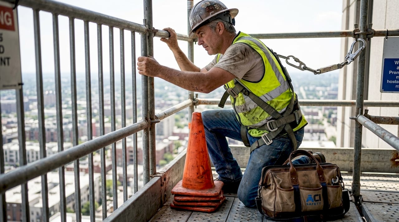 Worker checking scaffold guardrails for fall safety
