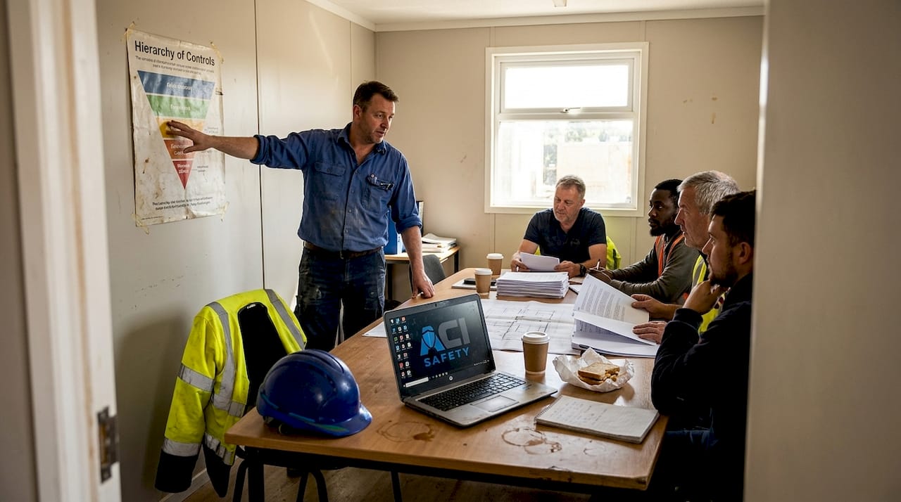 Team discusses hierarchy of risk controls poster