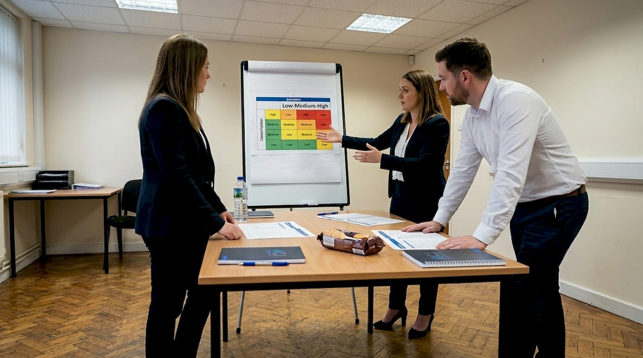 Office team discussing risk rating matrix