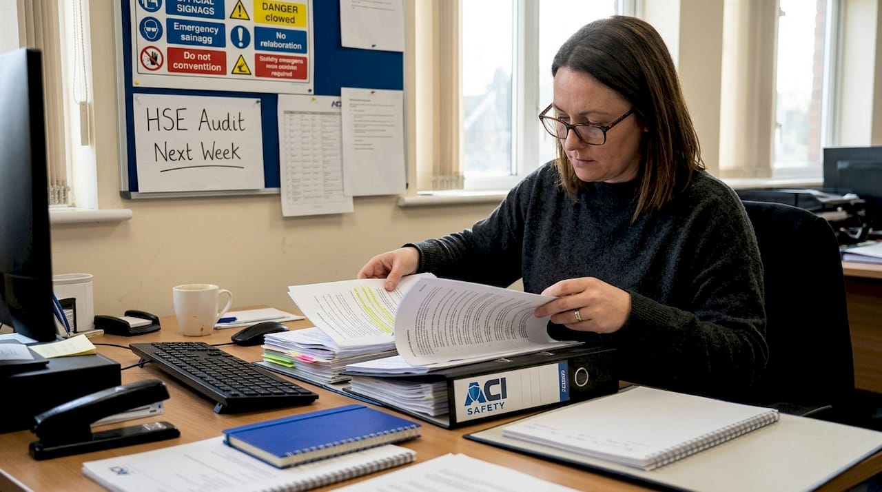 Administrator sorting health safety paperwork