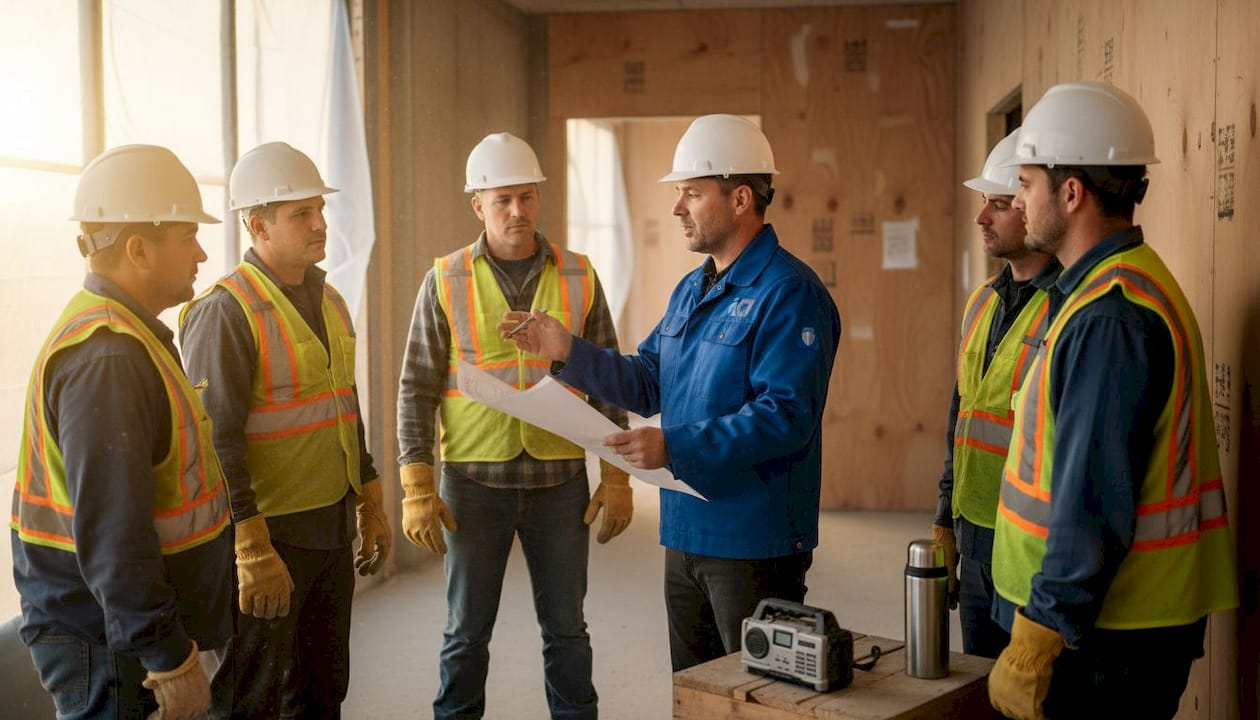 Construction team in informal safety briefing