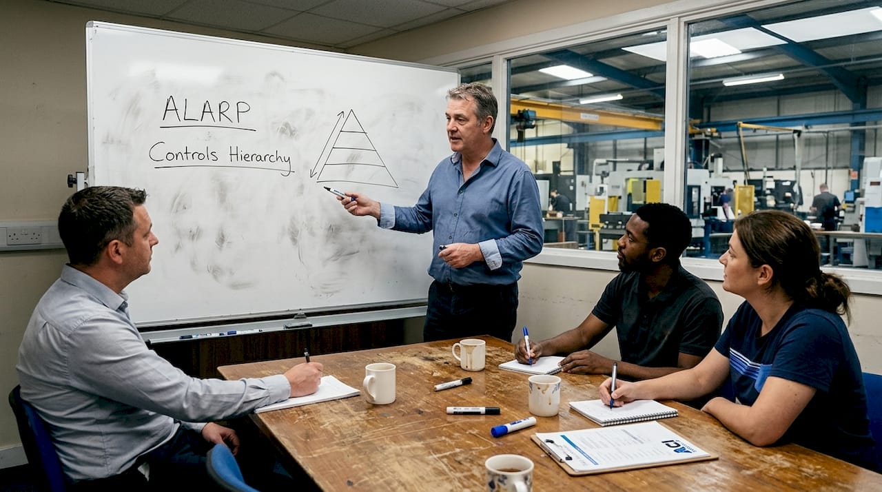 Supervisor leads safety briefing in staff room