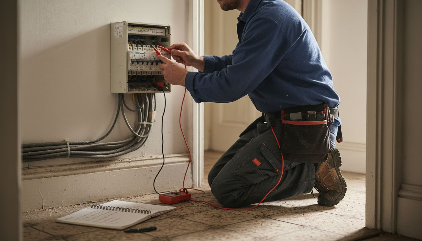 Electrician methodically testing circuit breakers