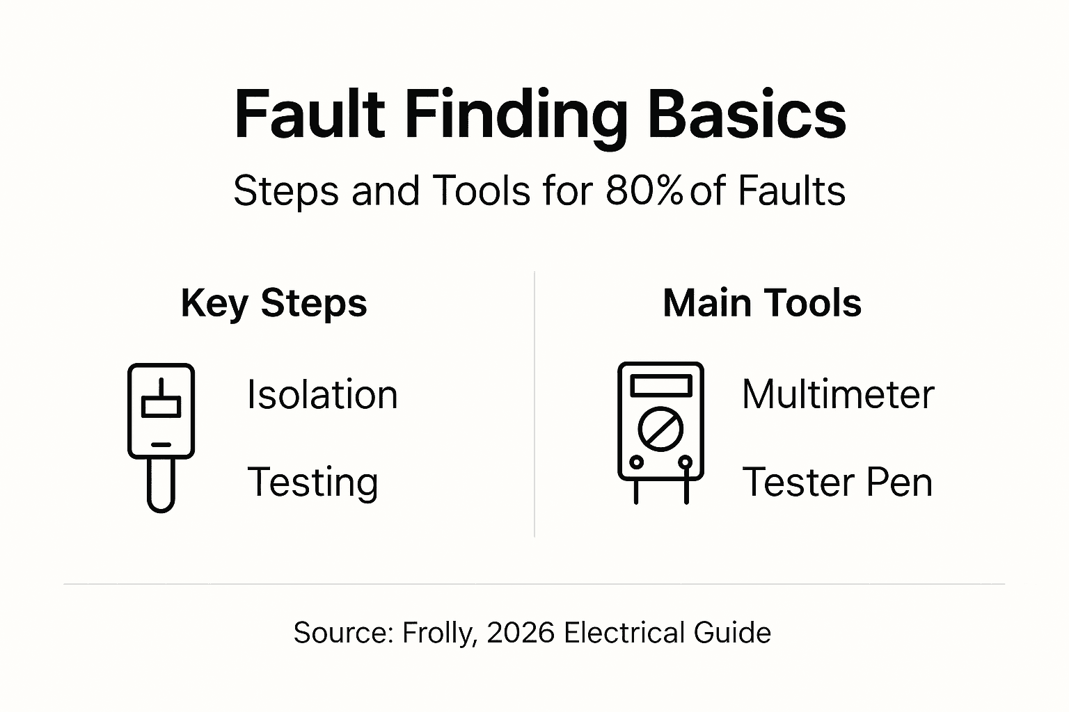 Infographic showing electrical fault finding steps and tools