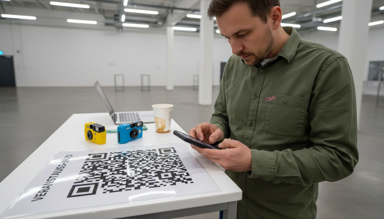 Gäste scannen den QR-Code, um ihre Fotos hochzuladen.