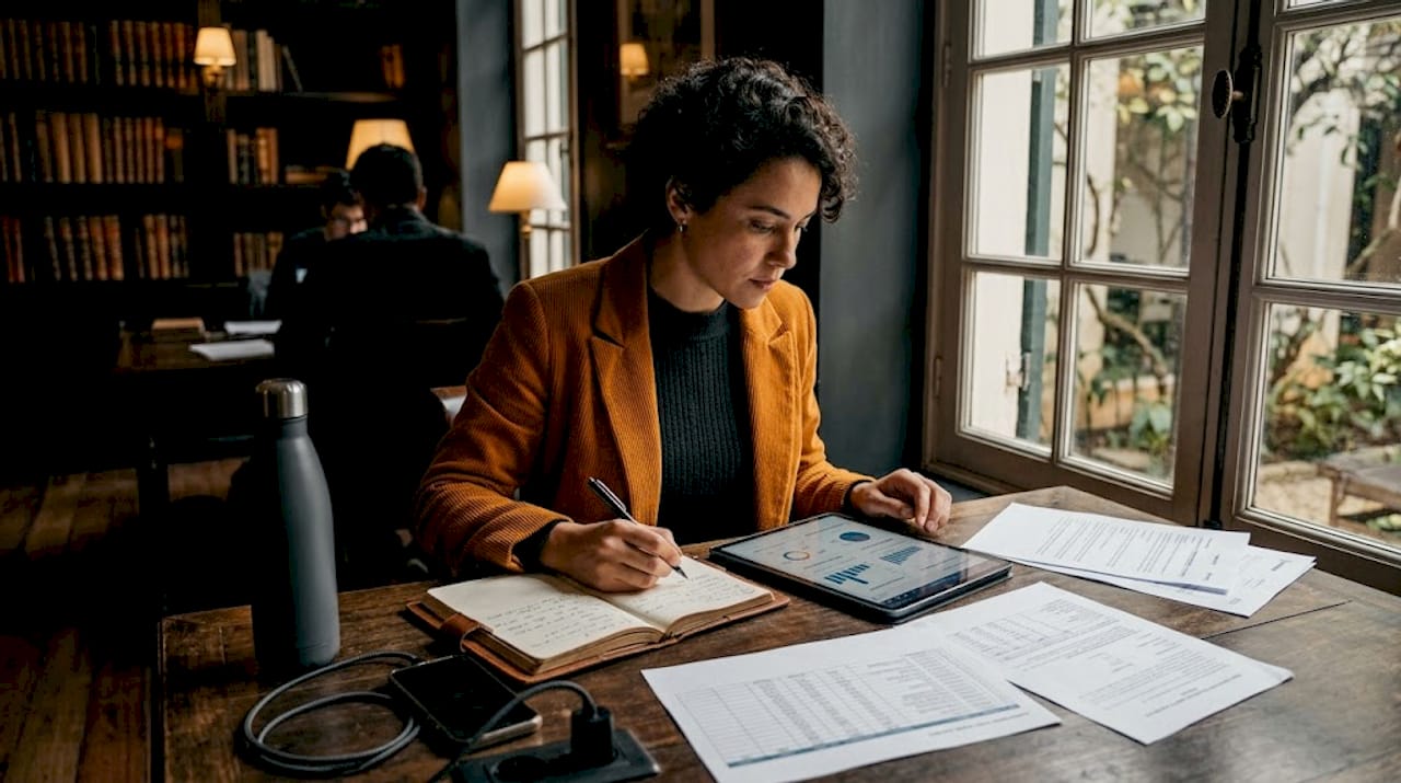 Profissional analisando os dados digitais em um espaço de coworking