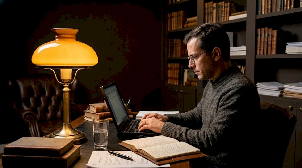 Crítico literário revisa anotações em sua mesa
