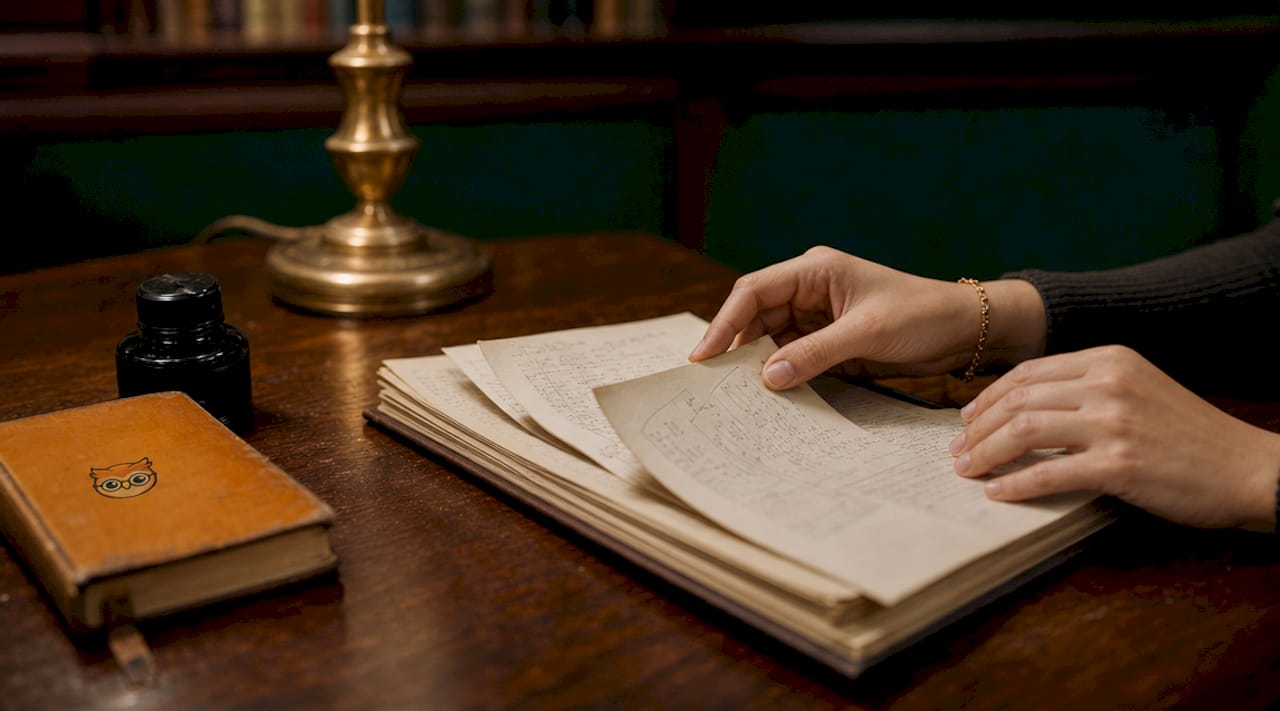 Hands sorting academic reference list pages