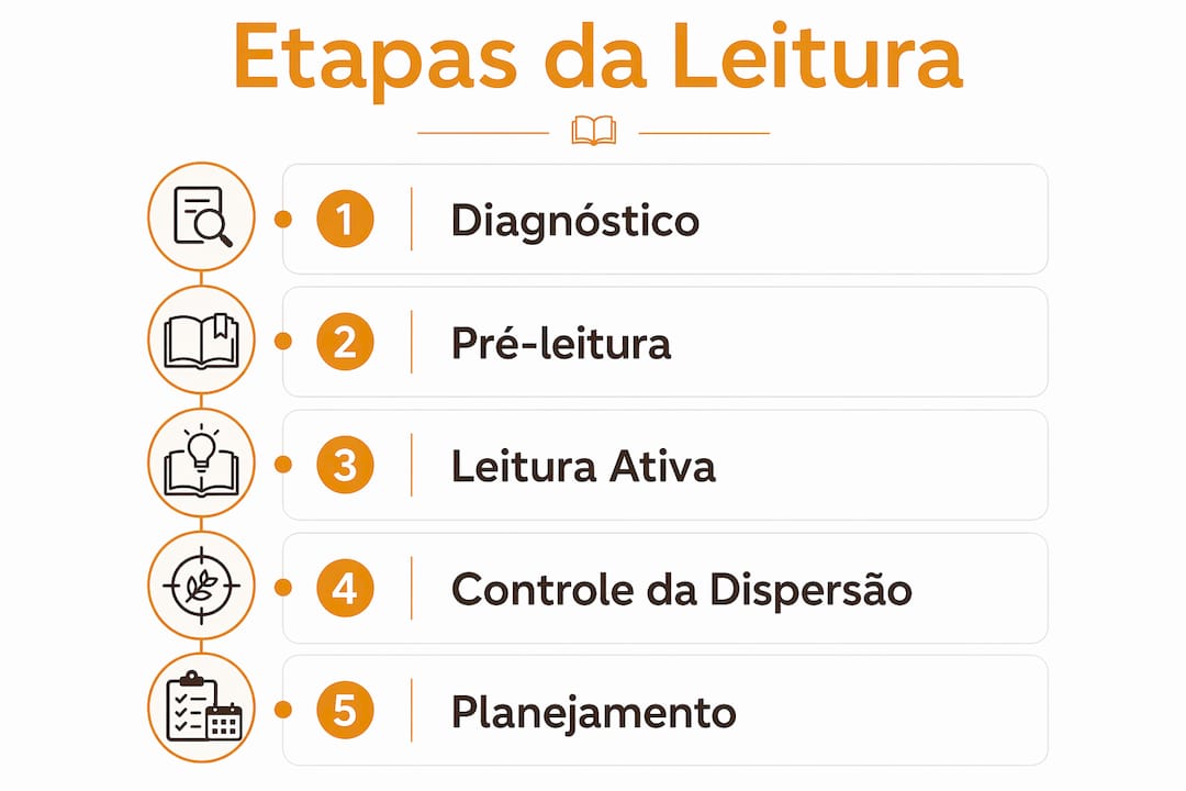 Infográfico com uma lista vertical das principais etapas para uma leitura eficiente