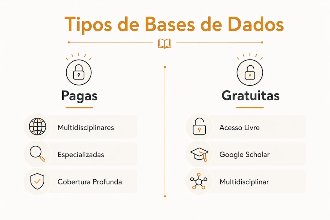 Infográfico destacando as diferenças entre os principais tipos de bases acadêmicas