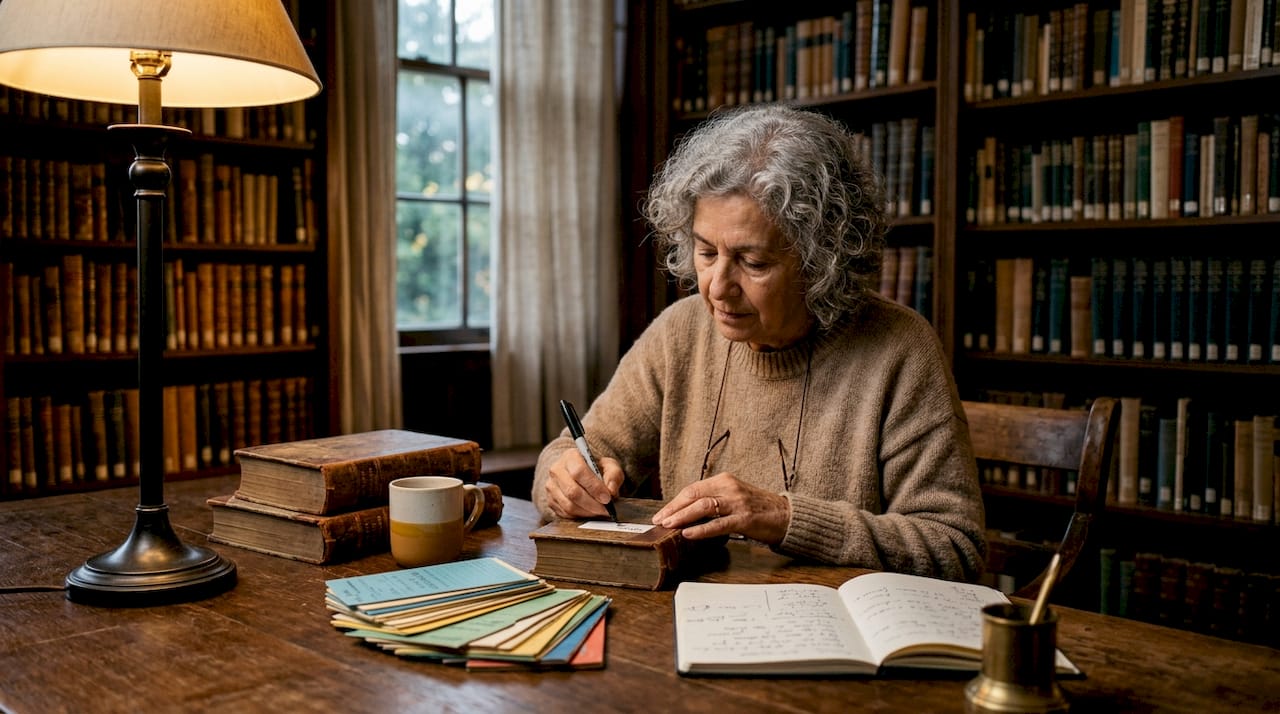 Mãos etiquetando livros antigos com códigos para organização
