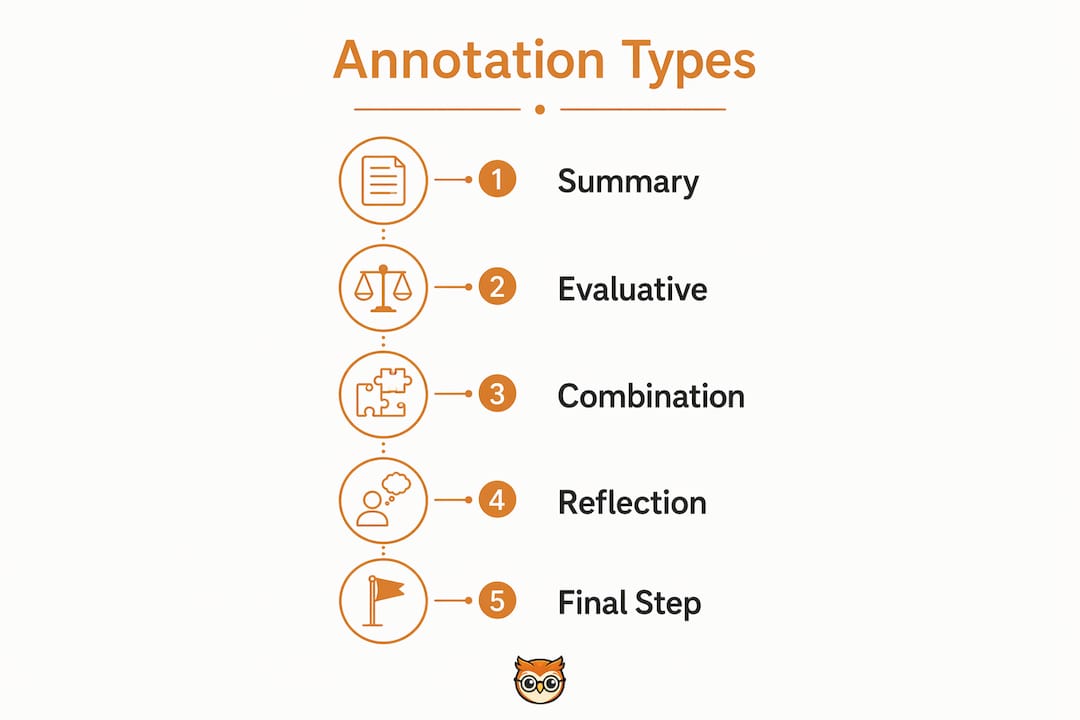 Infographic showing types of annotated bibliographies in steps