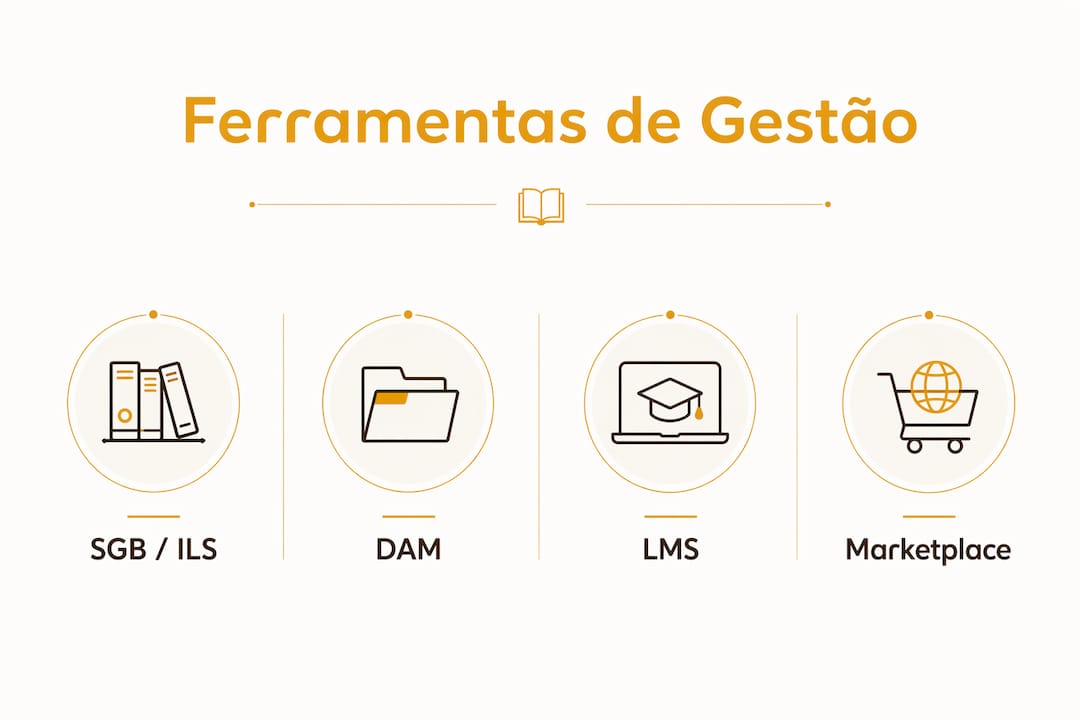 Infográfico apresenta a organização dos principais tipos de ferramentas para gestão do acervo escolar